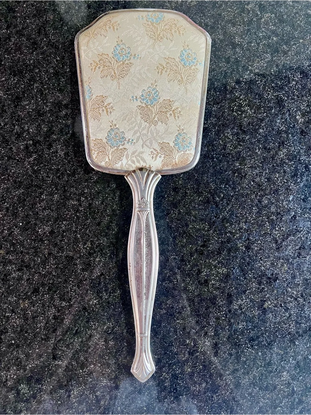 Vintage Silver Hand Mirror with Cream and Blue Floral Backing